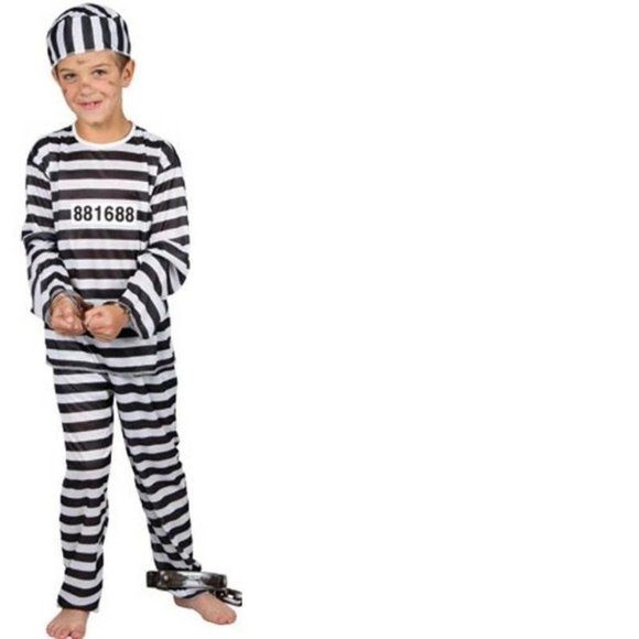 Convict Prisoner Halloween Costume 12/14 Black White Shirt, Pants, Hat 3 Pc Boys - Picture 1 of 3